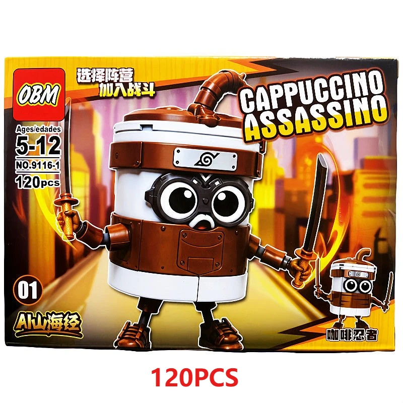 Moc Cappuccino Assassino Italian Brainrot  Tung Tung Tung Sahur‌ Figure Assembled Toy Kids Building Blocks Blind Box Toys Gifts