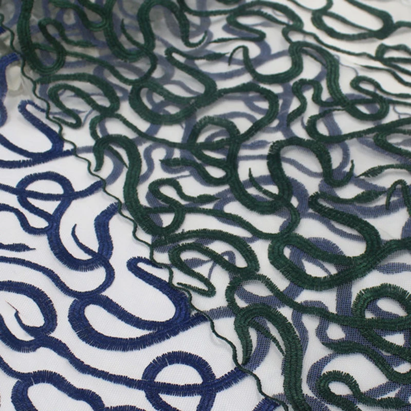 

32/40/46 ярдов, двухсторонняя кружевная вышивка в форме змеи, синий, зеленый, полиэстер, роскошная сетчатая кружевная ткань для женского нижнего белья