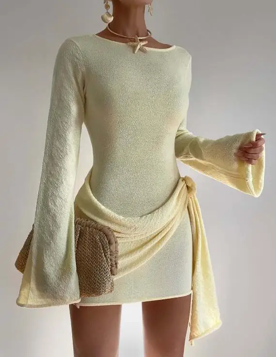 

Women Dresses 2026 Spring Summer New Versatile Floral Decor Long Sleeve Casual Slim Fit Backless Beach Vacation Mini Dress