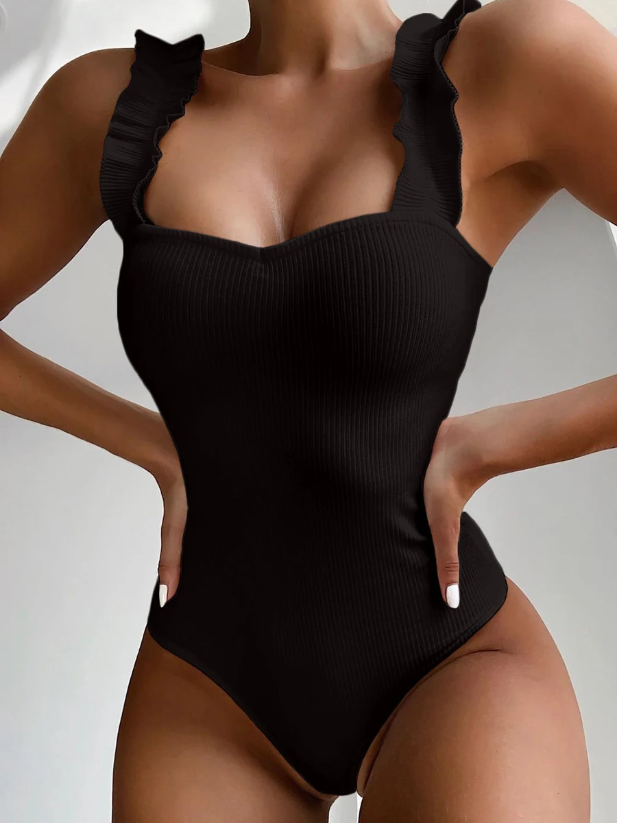 

Straped Ruffle Monokini Swimsuit Women One Piece Backless Swimwear Female Solid Bodysuit Padded Bathing Suit Bathers Beachwear