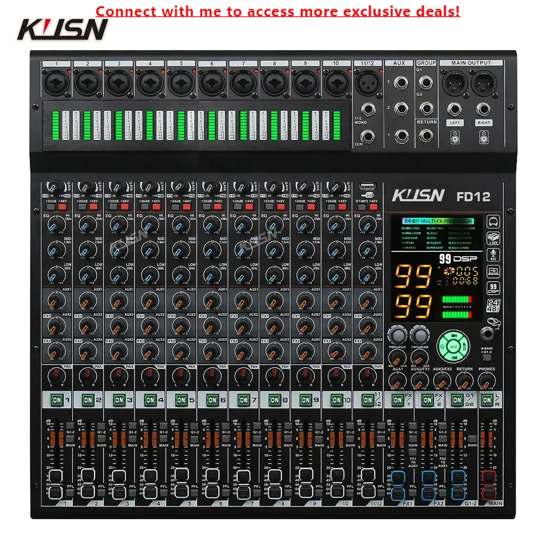 

12-канальный аудиомикшер 2*99 DSP 3 Group Aux Отправка цифровой профессиональной консоли Звуковой микшер Консоль с Bluetooth MP3 USB