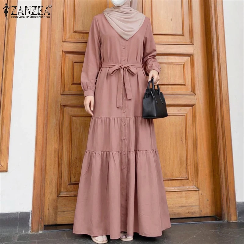 

ZANZEA женское мусульманское турецкое платье Абая Femme 2026 весеннее длинное платье макси элегантное однотонное рабочее платье с лацканами и длинными рукавами кафтан