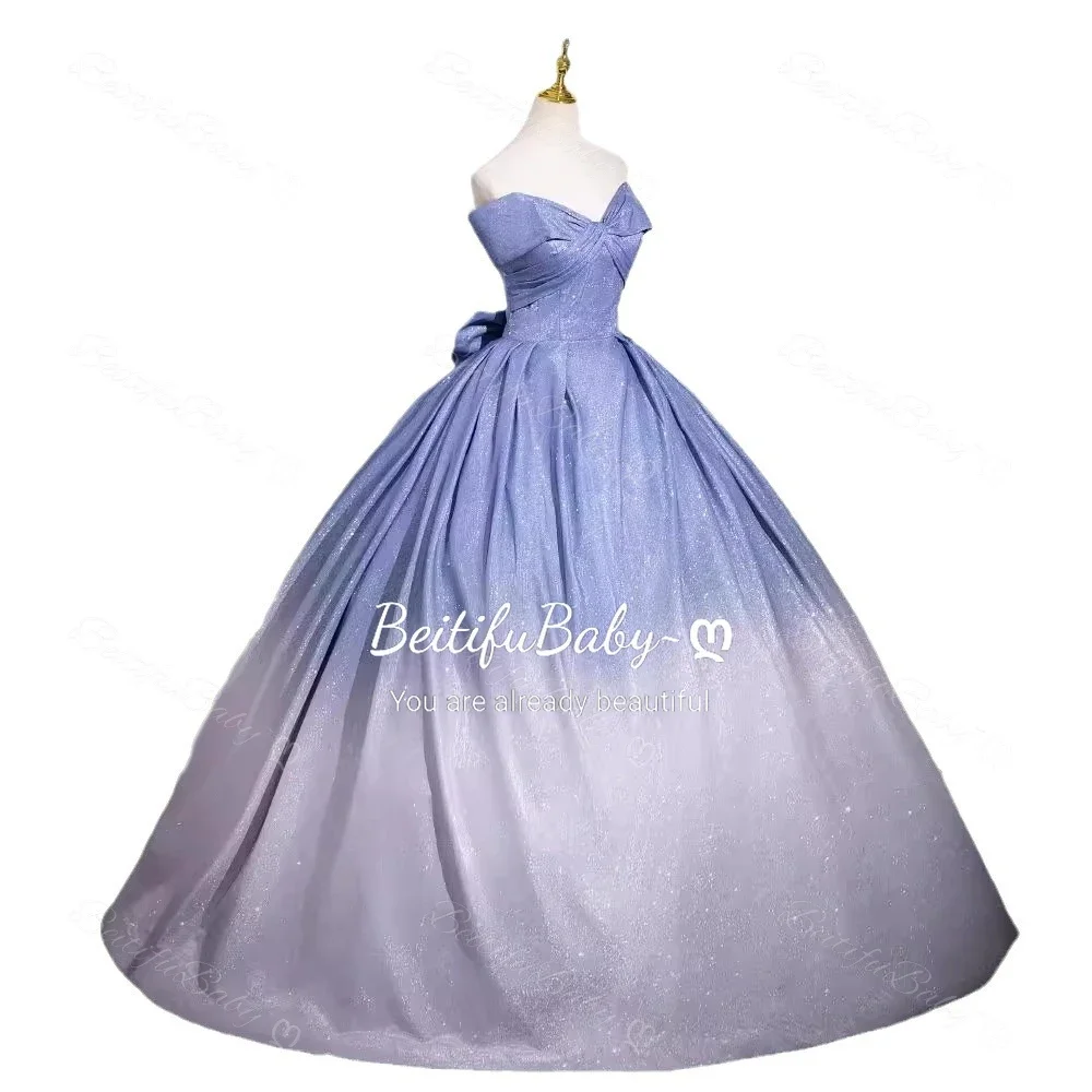 2025 ชุดราตรีสตรี Blue Gradient ปิดไหล่ LACE-up Bow เจ้าหญิงสไตล์ A-Line ชุดจัดเลี้ยง PARTY Dresses vestidos