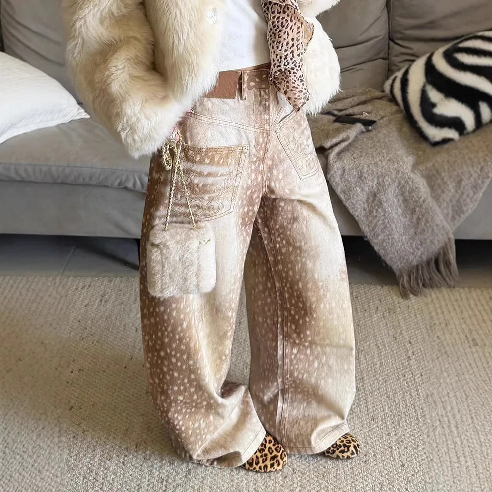 

2026 New Spring Women's American Vintage Embroidered Jeans Fawn Print Distressed Floor Length Pants Streetwear