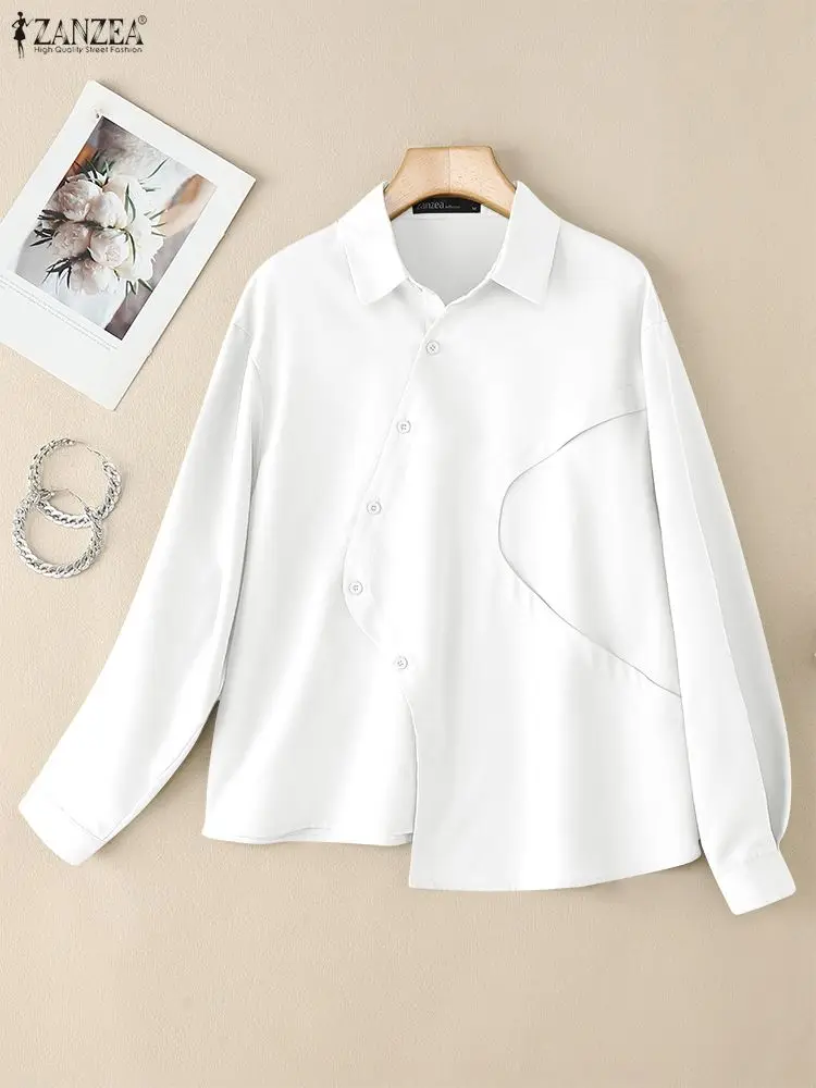 

ZANZEA 2022, осенние офисные рубашки OL, женские блузки, элегантные топы с лацканами и длинными рукавами, стильная однотонная рубашка на пуговицах, свободные блузки