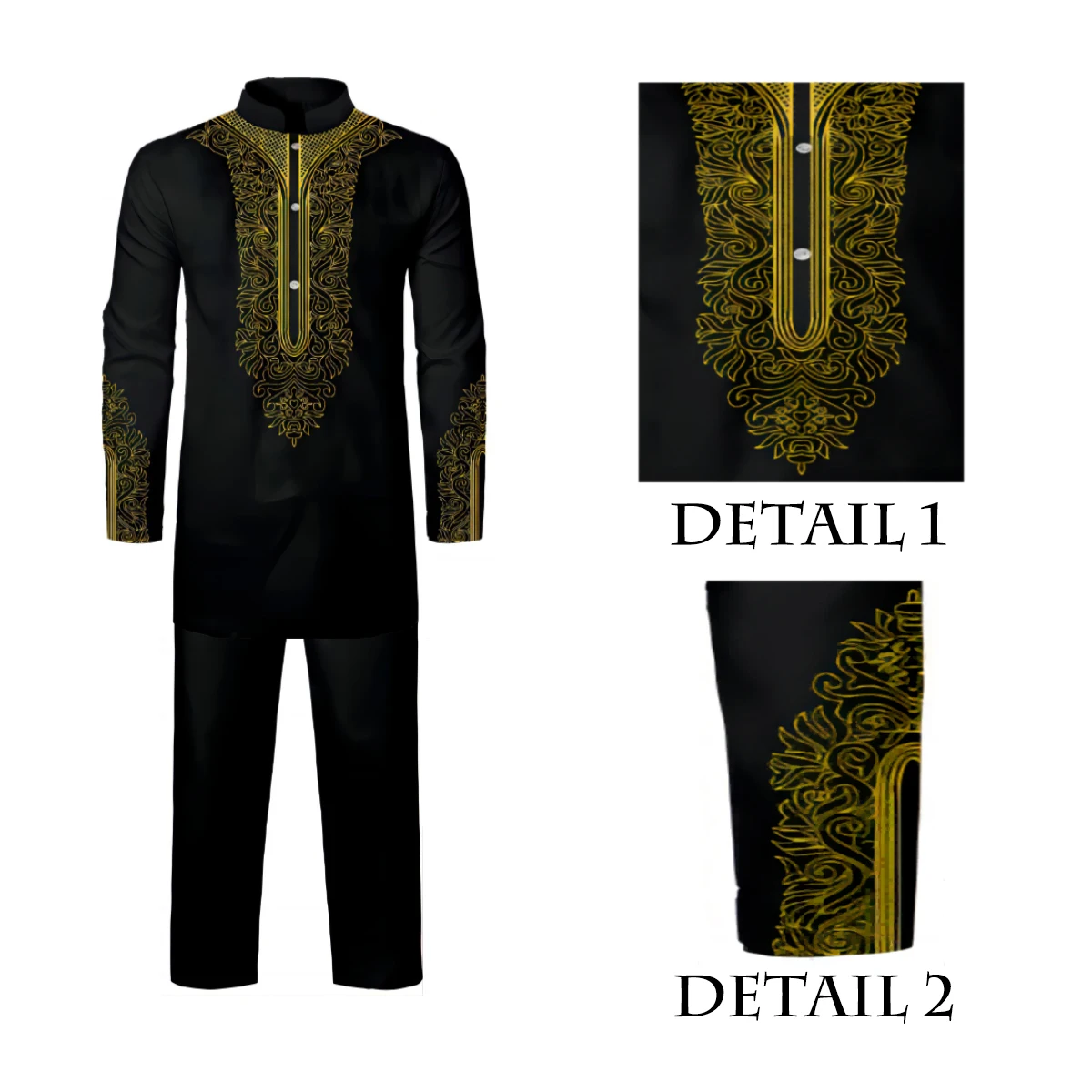 Gold Pattern Men\'s Muslim Abaya 2 Piece Suit Embroidered Long Sleeve Top Long Pants Ethnic Casual Wear Dress Set