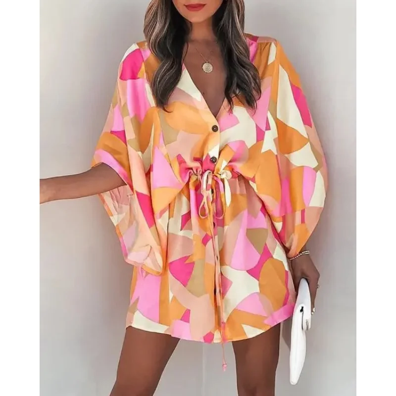 2024 summer flight sleeve printed skirt V-neck casual dress short skirt