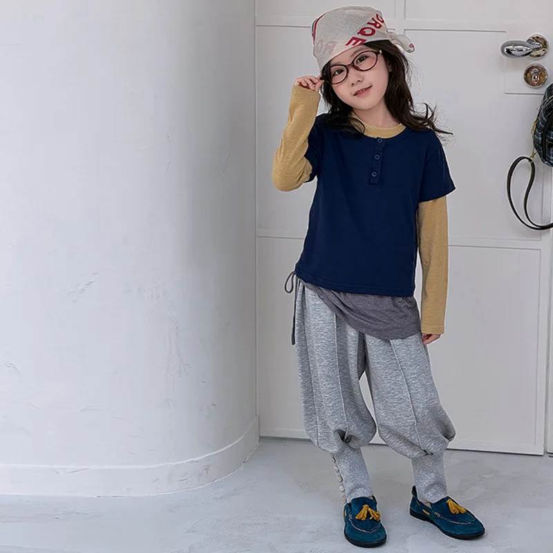 Girls' Spring Autumn New Fashion Layered Solid Color Stylish Top Trendy Versatile Fart Curtain Pants Trendy