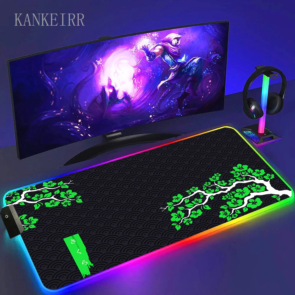 LED Desk Mat Colorful Sakura Gaming Emit Light Mouse Pad Large Office Carpet Accessories Cherry Blossom Rug RGB Computer Mats