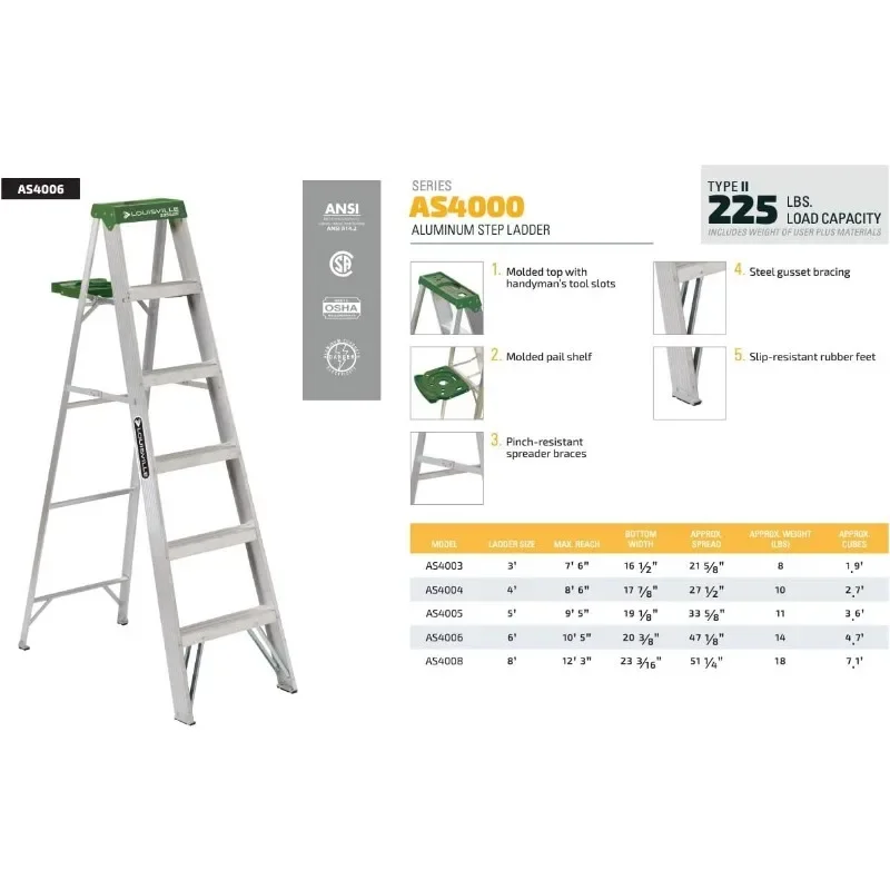 Louisville Ladder 6-Foot Aluminum Step Ladder, 225-Pound Capacity, AS4006