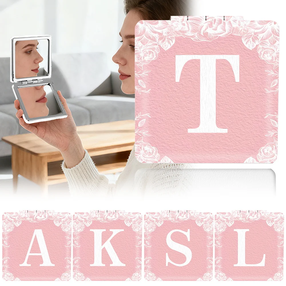 Handheld Makeup Mirror Double Sided Mini Portable Pocket Folding Makeup Mirror for Beauty Cosmetic Pink Lace Letters Pattern