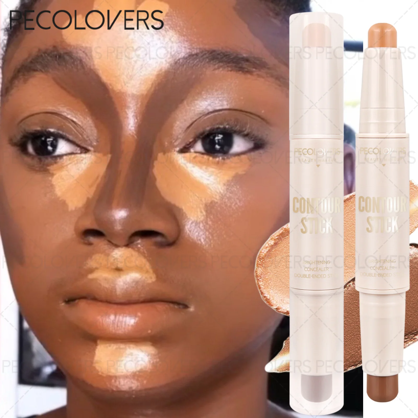 1 pezzo a doppia estremità, tonalità multiple, finitura opaca, copertura totale, setosa, evidenziazione e contorno viso, evidenziatore e stick contorno