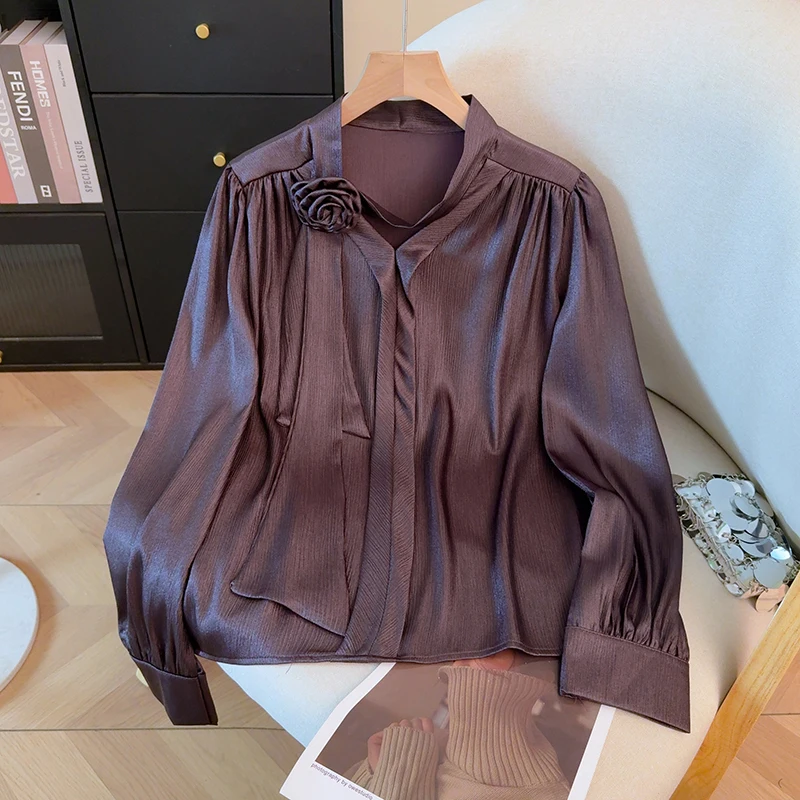 

Женская блузка с длинным рукавом и 3D-розами, фиолетовая, с атласной лентой, весна-осень, однотонная, элегантная, с V-образным вырезом, для работы