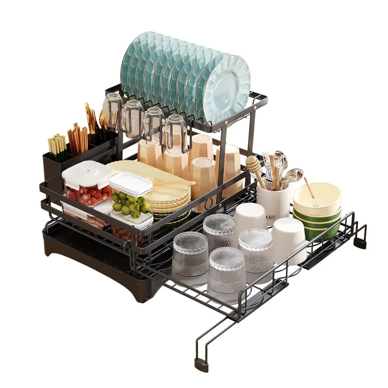 Kitchen Dish Storage Rack Countertop Multi-functional Metal Double Tier Bowl Chopstick Holder Draining Basket Tableware