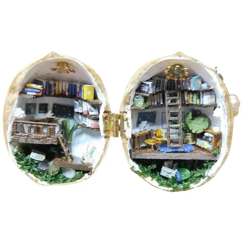 

Book Nook Miniature Kit Walnut Shell Dollhouse Miniature Handmade Mini Library Walnut Shell Dollhouse Tiny 3D Children Toy Gift