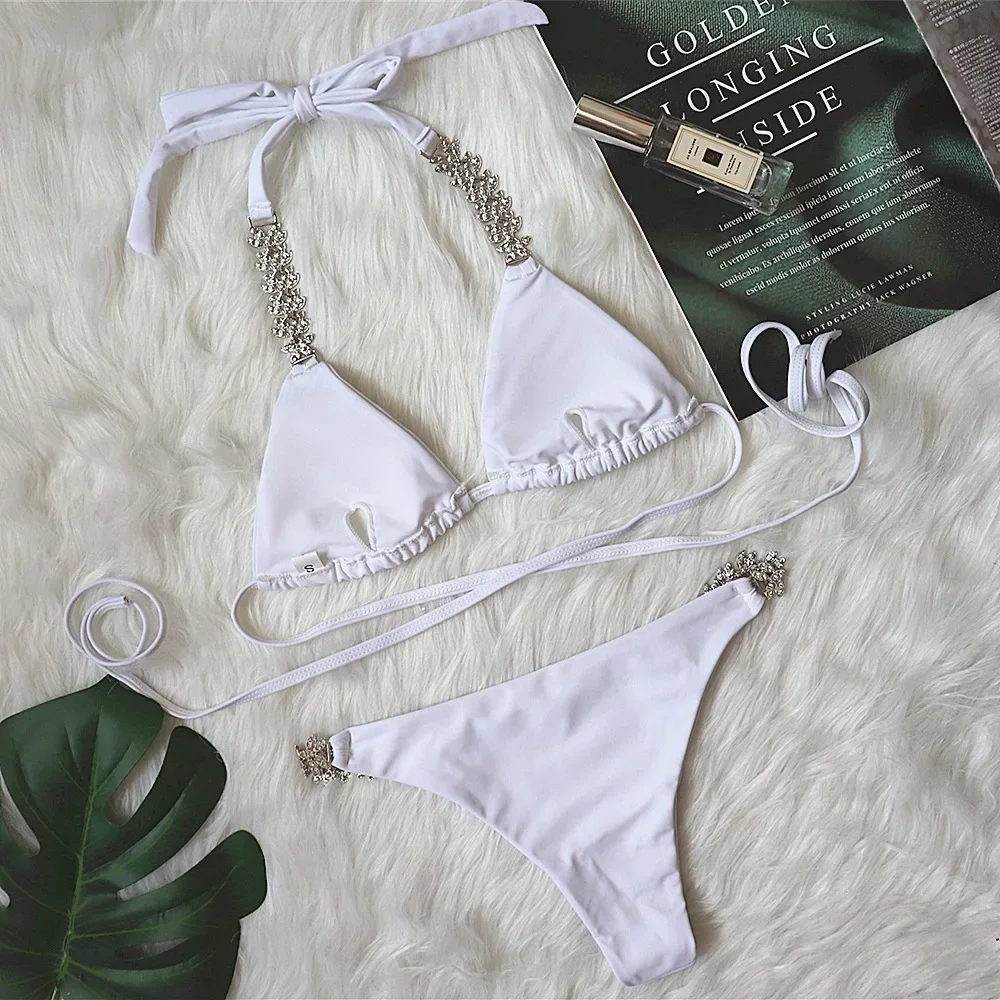 2022 Hot Solid Color Metal Diamond Bikini Women Bandage Triangle Brazilian Push Up Swimsuit Swimwear Ladies Bathing Suit