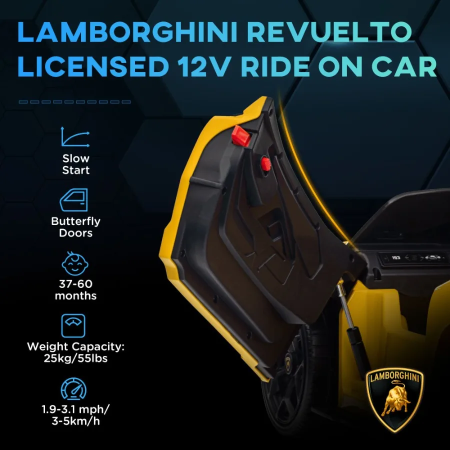 Qaba Lamborghini Revuelto مرخص 12 فولت سيارة كهربائية تعمل بالبطارية ركوب على السيارة مع أبواب هيدروليكية التحكم عن بعد النقل ث