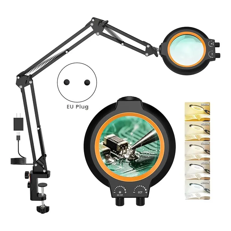 12X Magnifying Glass With Light And Stand Hands Free, Long Swing Arms Lighted Magnifier Lamp For Close Work EU Plug-AA26