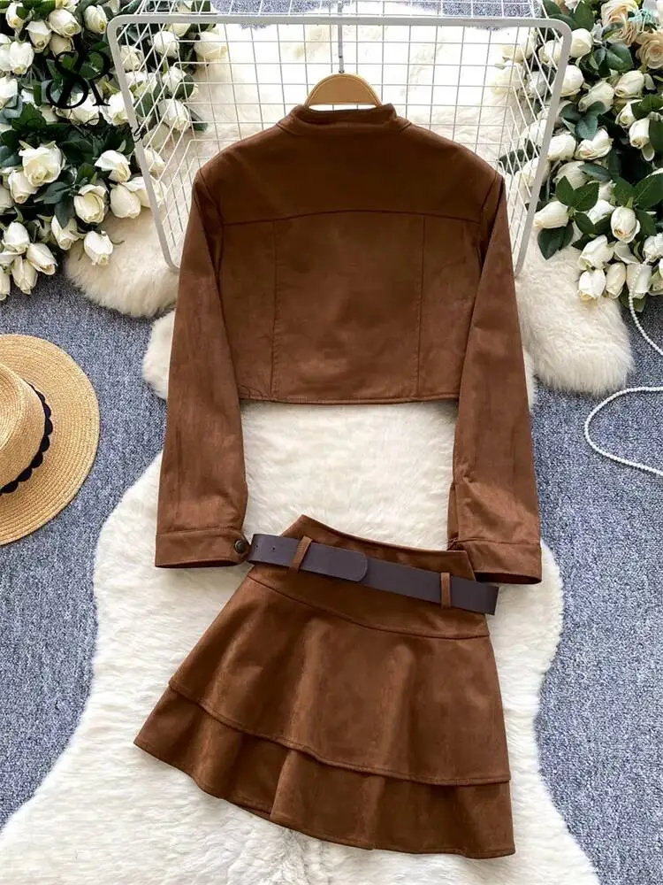 Fashion Fake Suede 2Pcs Sets Autumn Metal Button Long Sleeve Top+ Sashes Tierred Short Skirt Women Trendy Street Sets