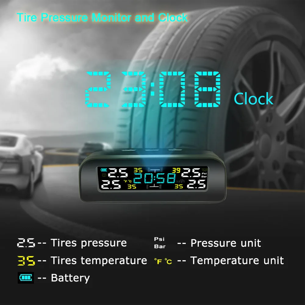 Solar Tire Pressure Monitor System Automobile Tire Pressure Alarm 360 ° Rotatable Tire Pressure Monitoring Temperature Warning