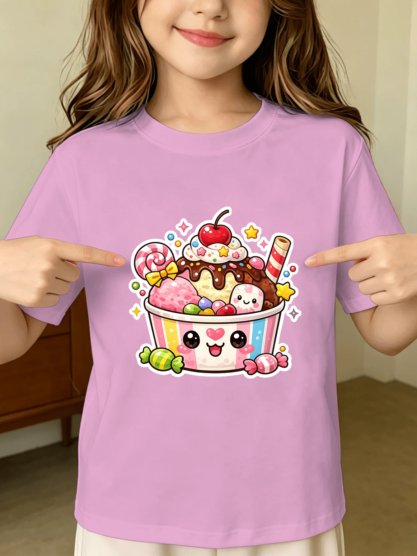 Ice Cream Sundae Kids Tee Sweet Cartoon Print Boys Girls Family Matching Cotton Summer Short Sleeve Basic Children Tshirt
