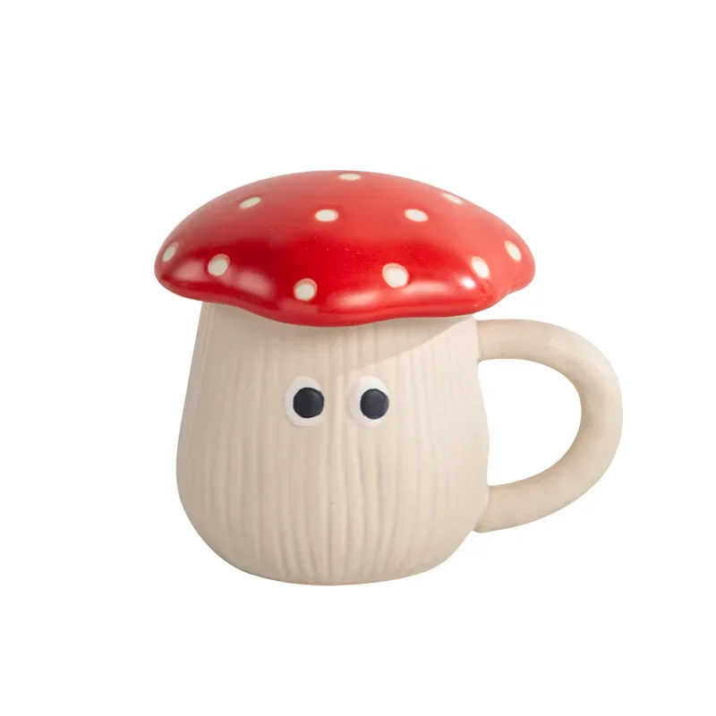 390ml 13oz Red Mushroom Mug Cute Lovely Ceramic Coffee Mug Water Breakfast Milk Mug Cup with Lid and Handle Gift for Child Girl