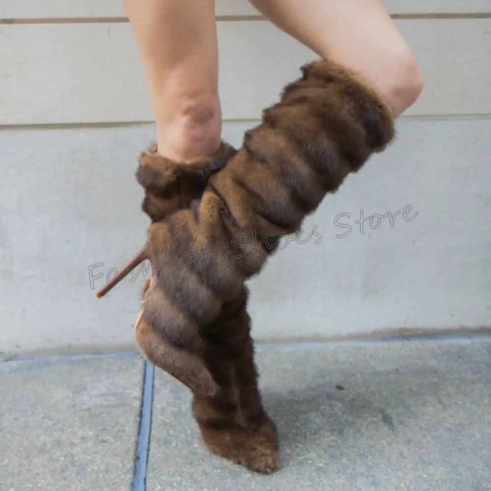 

Brown Pointed Toe Fur Decor Boots Knee High Sexy Women Shoes Stilettos High Heels Party Banquet Dating 2025 Zapatos Para Mujere