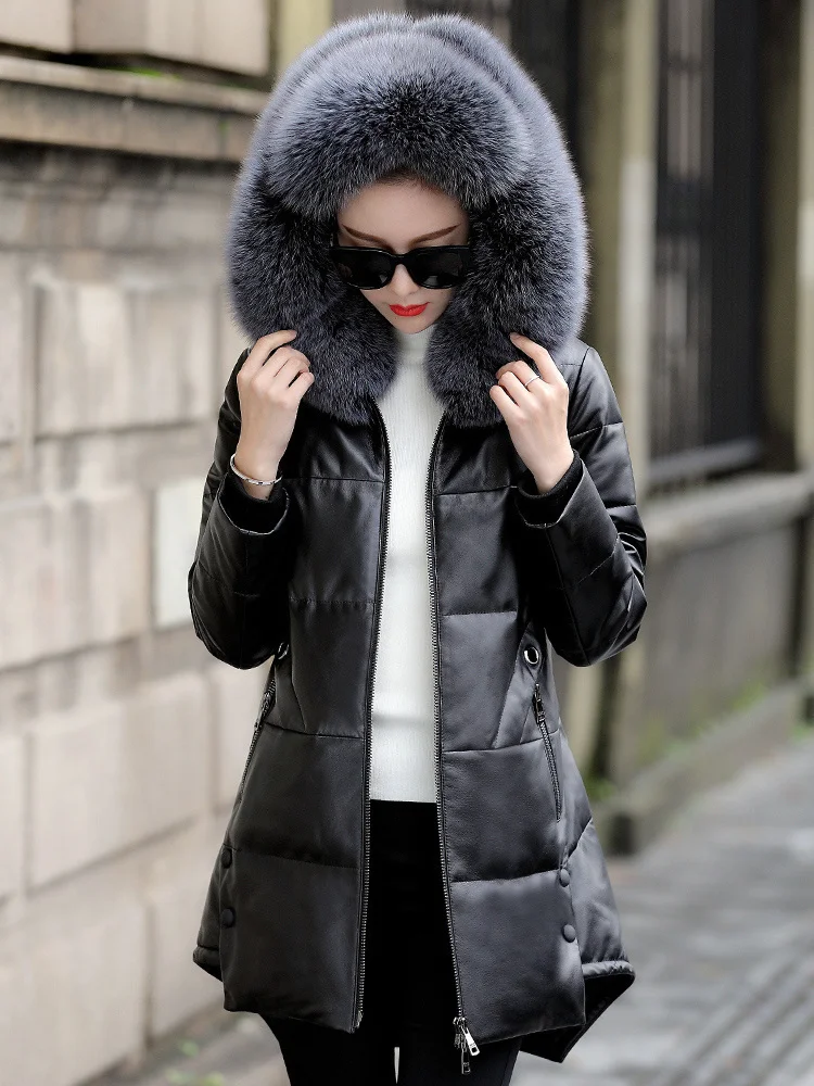 

2023 New Genuine Sheepskin Leather Jacket 90% White Duck Down Women's Jackets Fox Fur Collar Hooded Coat Feamle Chaque