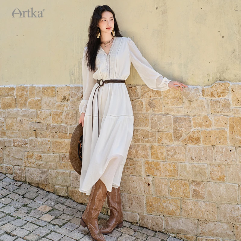 

ARTKA 2025 Autumn New Women Dress French White V-neck A-Line Long Dresses Long Puff Sleeve High Waist Dress With Belt LA82053Q