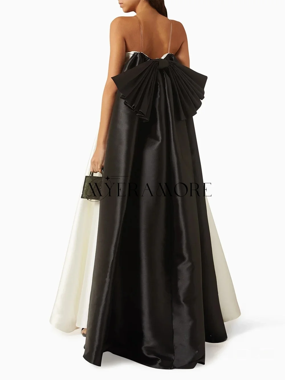 Luxuriöse Abendkleider in Kontrastfarbe, elfenbeinfarben, schwarz, trägerlos, mit Perlen besetzt, mit Schleife und Falten, individuell gestaltet