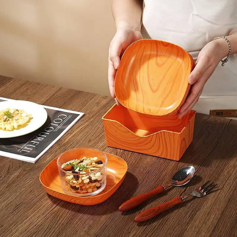 Wood Grain Snack Plates 10Pcs Unbreakable with Storage Holder Easy to Store Reusable for Home Party Catering Events
