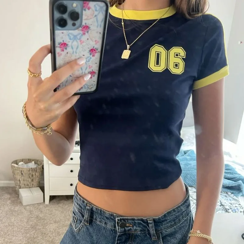 الرجعية الجرافيك المحاصيل الأعلى الأبيض قصيرة الأكمام س الرقبة عارضة تي شيرت للنساء y2k الجمالية خمر الأساسية تيز السيدات الملابس