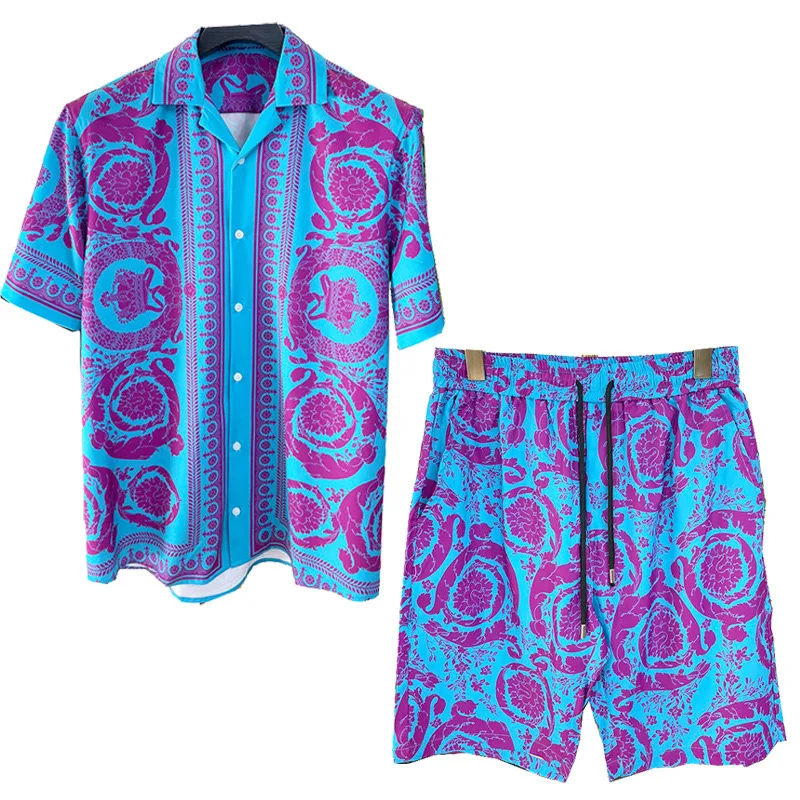 Conjunto de Camisa de Verano para Hombre, Estampado 3D Vintage con Patrón de Dragón Plateado, Camisa Casual de Manga Corta para Playa, Pantalones Cortos de Playa Extra Grandes, Trajes Hawaianos