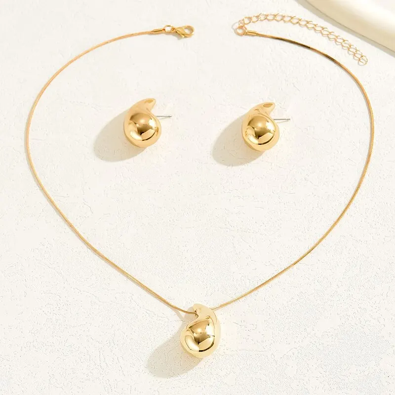 Water Drop Shape Jewelry Set 2 Pcs Necklace Stud Earrings Gold Silver Color Dupes Chunky Teardrop Earring Simple Style for Woman