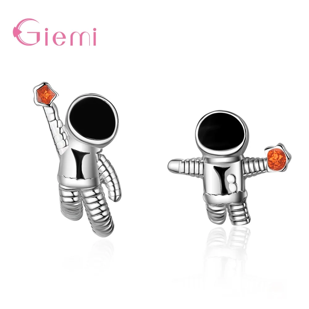 Genuine 925 Sterling Silver Cute Pretty Asymmetrical Astronaut Design Stud Earrings For Girls Students Daily Birthday Gifts