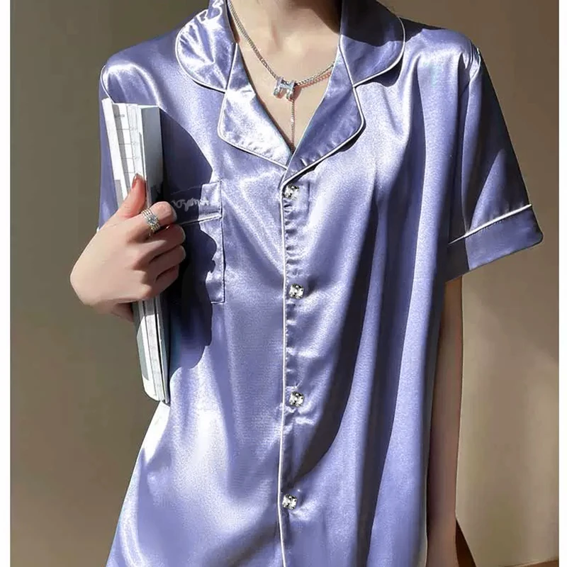 Embroidery Solid Women\'s Summer Casual Pajama Set 2024 New Y2k Fashion Purple Nightwear Classic Soft Simulated Silk Housewear