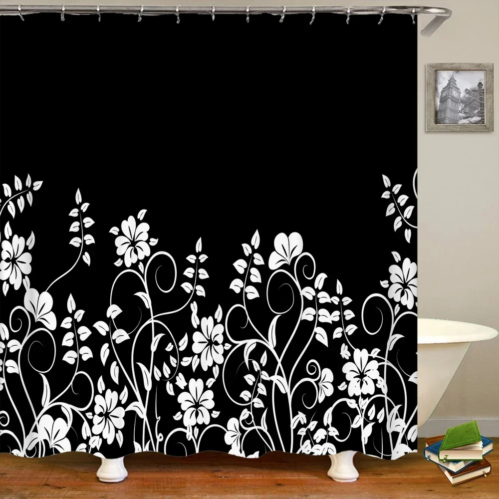 Shower Curtain Black and White Floral Pattern 3D Printing Shower Curtain Polyester Waterproof Home Decor Curtain 180x180CM