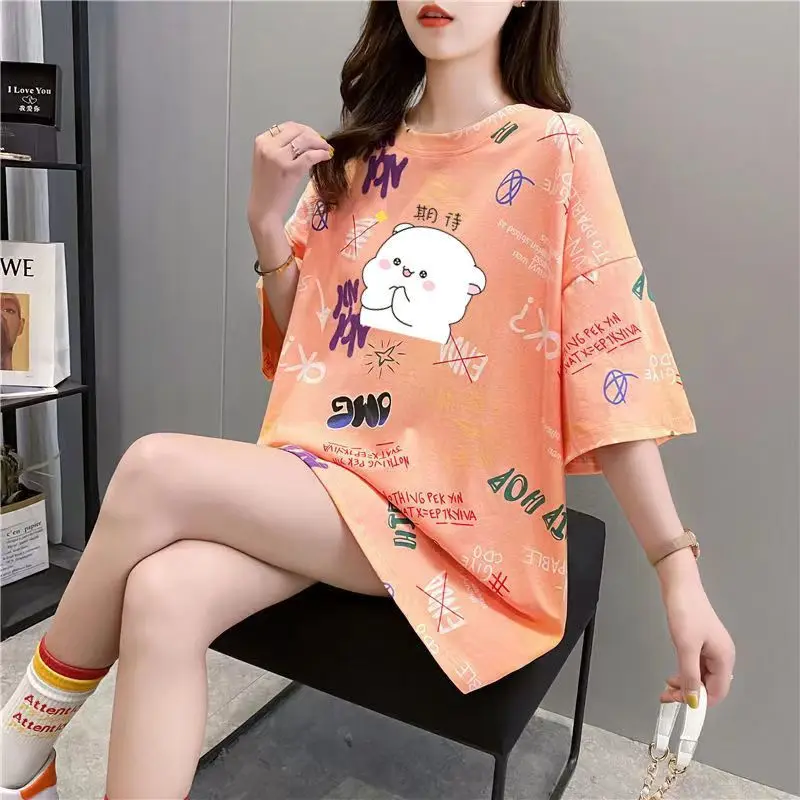 Women Summer Fashion Loose Casual Printing O-neck Short Sleeve T-Shirt Women Clothes Fashionable All-match Appear Thin Top Tee