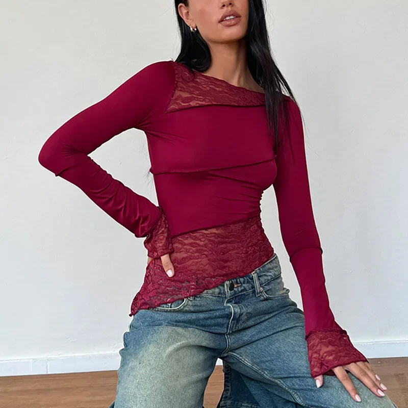 Women's Sexy Slim Crochet Patchwork Irregular T-shirts Mesh Lace Tops New O Neck Long Sleeve Tees Spring Summer T Shirts YWFD002