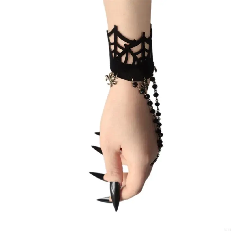 

N5KB Bracelet Gothic Finger Bracelet Black Bracelet Spiders Bracelet Halloween Cosplay Bracelet Witch Bracelet