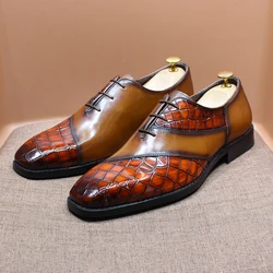 Fashion Mens Oxford Crocodile Pattern Cow Patent Leather Lace Up Wedding Party Office Formal Dress Shoes for Men Mixed Colors