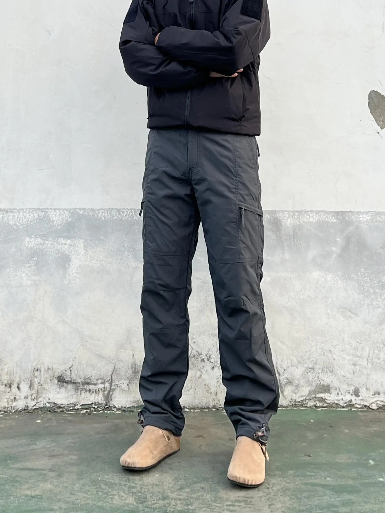 Men's Casual Pants Winter Fleece-Lined Functional Vibe Style Street Side Zipper Overalls Breathable Straight Trousers