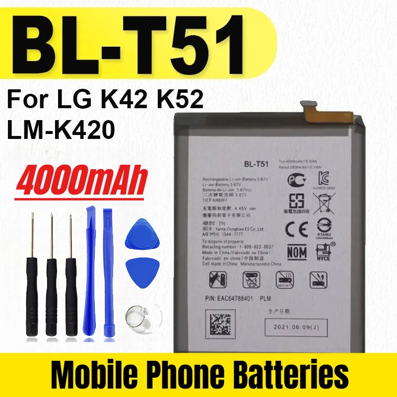

4000 мАч BL-T51 для LG K42 K52 LMK420 LM-K420 Аккумуляторы для мобильных телефонов + бесплатные инструменты