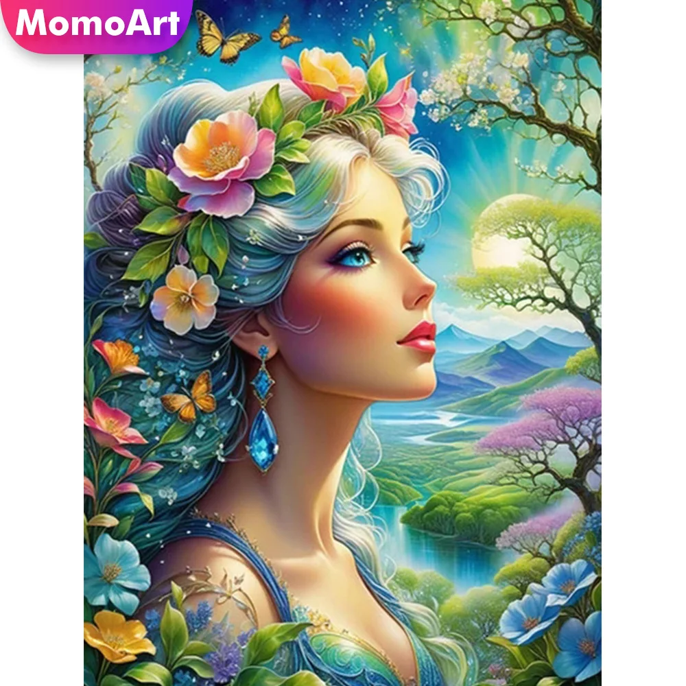 MomoArt Diamond Painting Woman Portrait Full Square Round Girl Mosaic Flower Embroidery Cartoon Needlework Wall Decoration