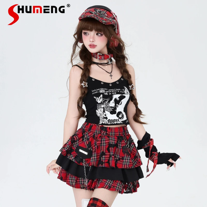 Original Punk Rock Subculture Plaid Cake Short Skirt Women's High Waist Sweet Cool Heavy Industry Short Skirt Spring and Autumn