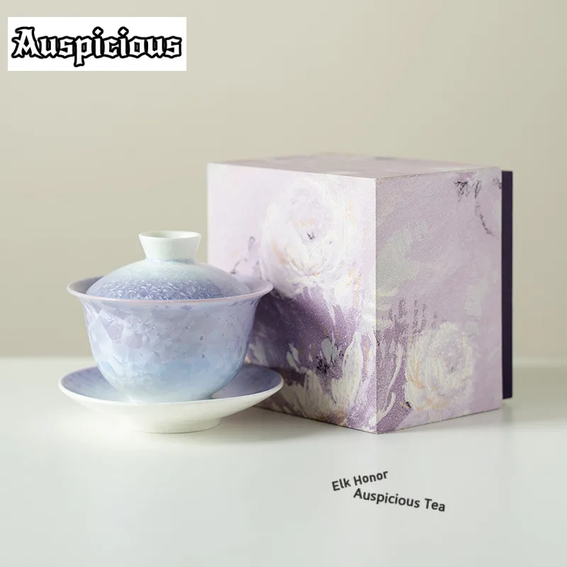 140ml Kiln Change Crystal Glaze Gaiwan Japanese Tea Tureen Tea Bowl With Lid Kit Tea Making Cover Bowl Cha Supplies Collection