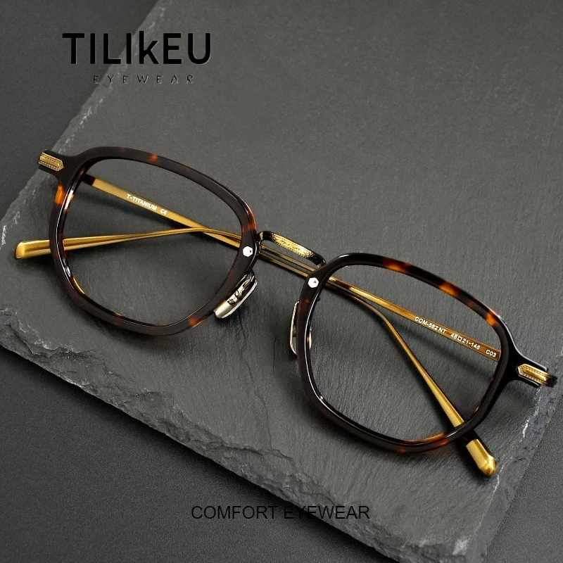 

2026 New Retro Tortoiseshell Luxury Acetate Eyeglasses Frames Men Women Fashion Polygonal Full Titanium Temples Designer Eyewear