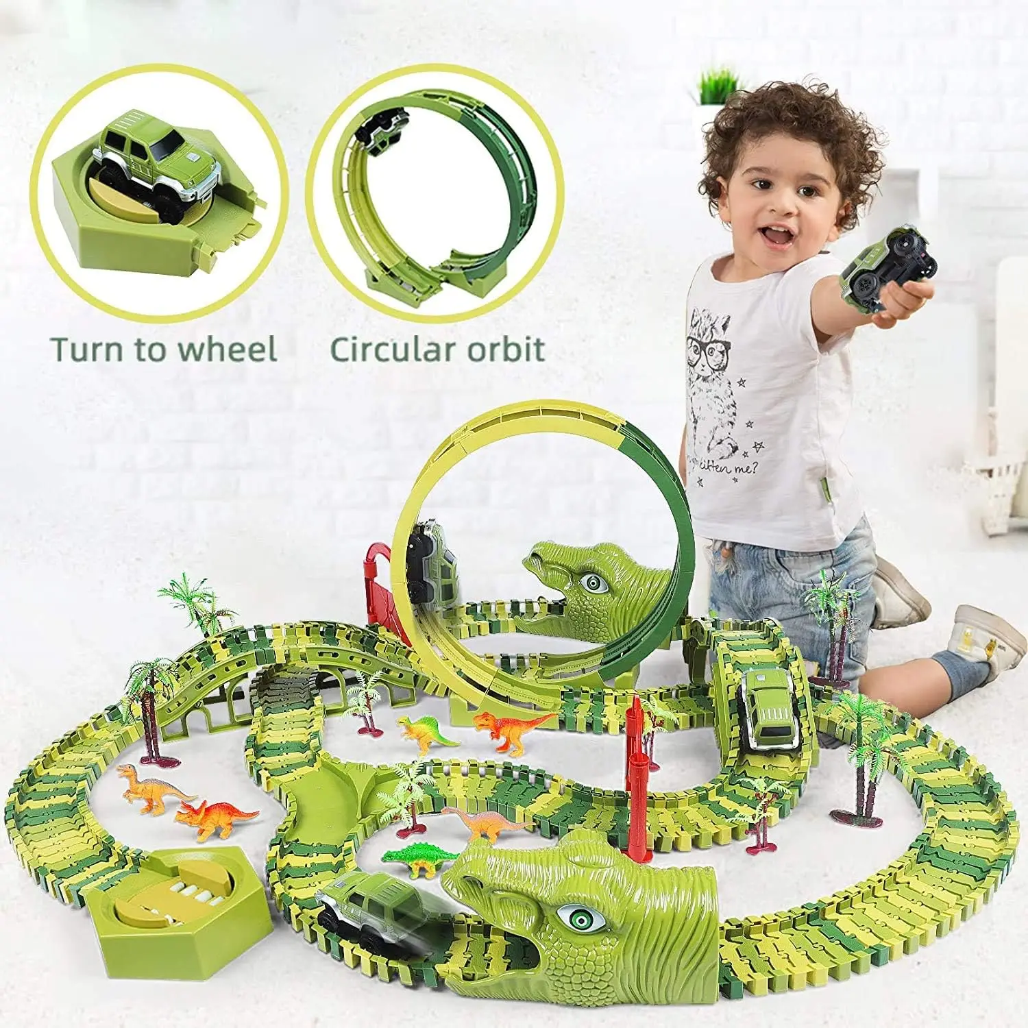 Dinosaur Race Car Track Toys Create Dinosaur World Road Race Flexible Tracks Playset Gift for Kids Boys Girls