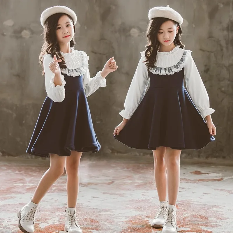 Girl Long Sleeved Dresses Autumn Korean Version Japanese School Student Style Princess Dress for Little Girls 4-13 Years Old