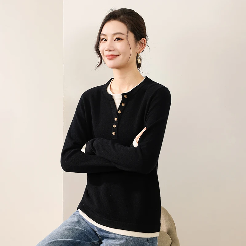 Outono inverno 100% lã camisola de manga comprida pulôver falso de duas peças moda casual feminino malhas minimalista lazer topo